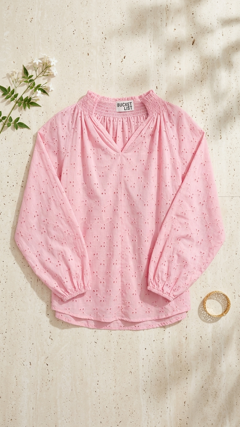 Blush pink eyelet cotton blouse flat lay with floral accents and gold bangle