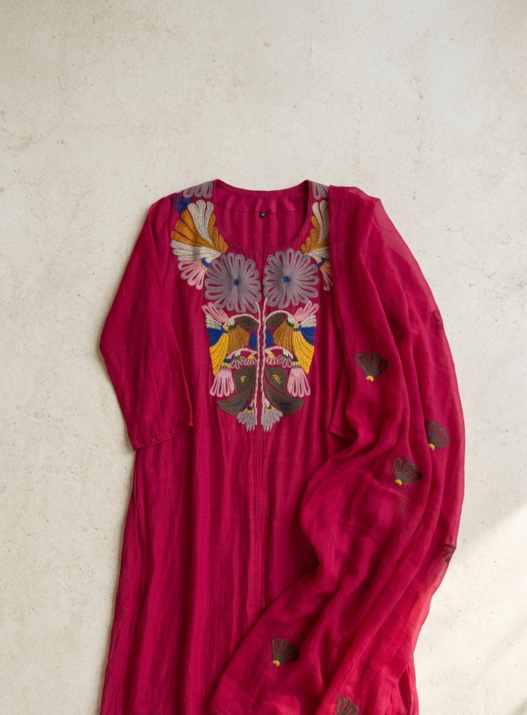 Rani pink chanderi kurta set laid flat showing bird and floral applique yoke and dupatta