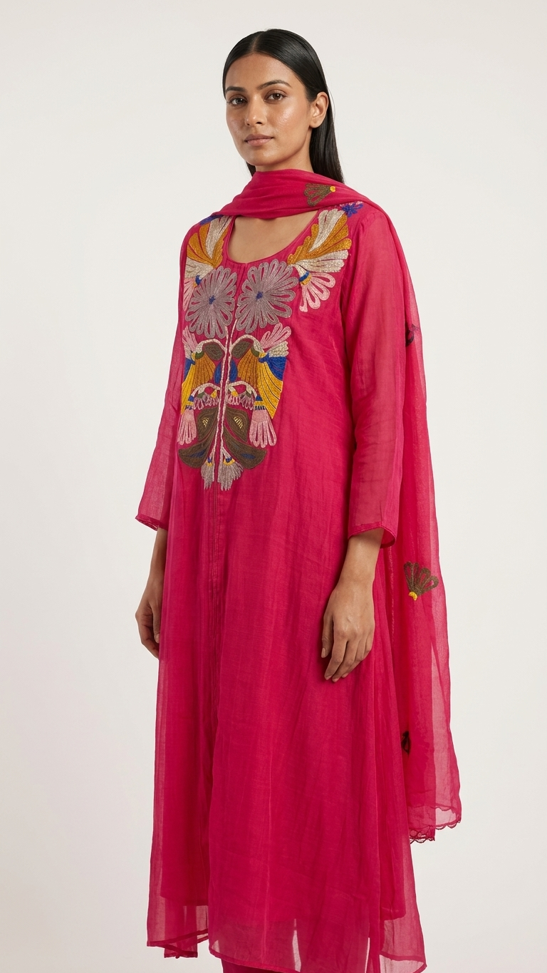 Model wearing rani pink applique kurta set, three-quarter side view