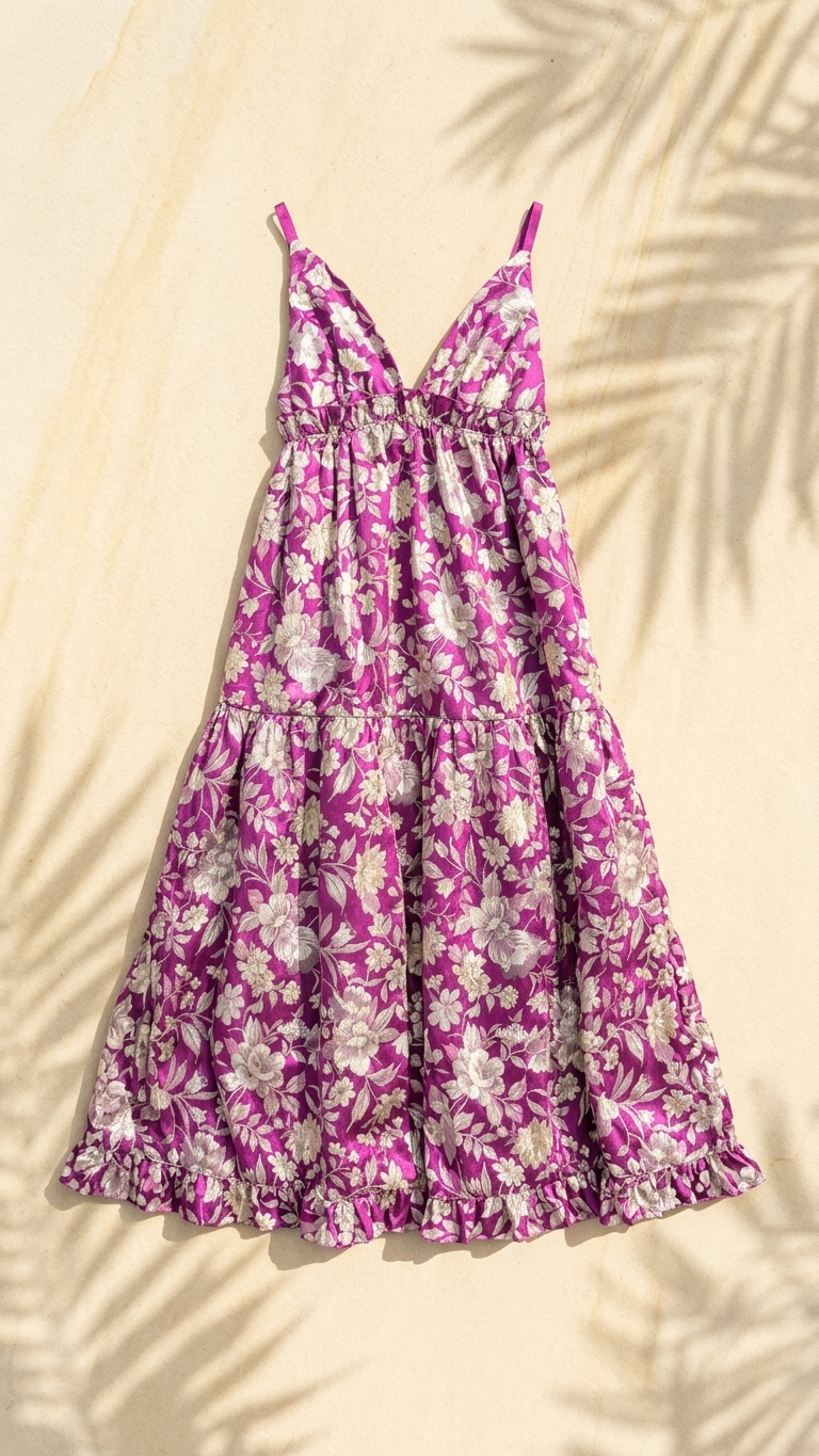 A sleeveless tiered midi dress with a pink, purple, and white floral pattern, laid flat on a sandy surface with palm leaf shadows.