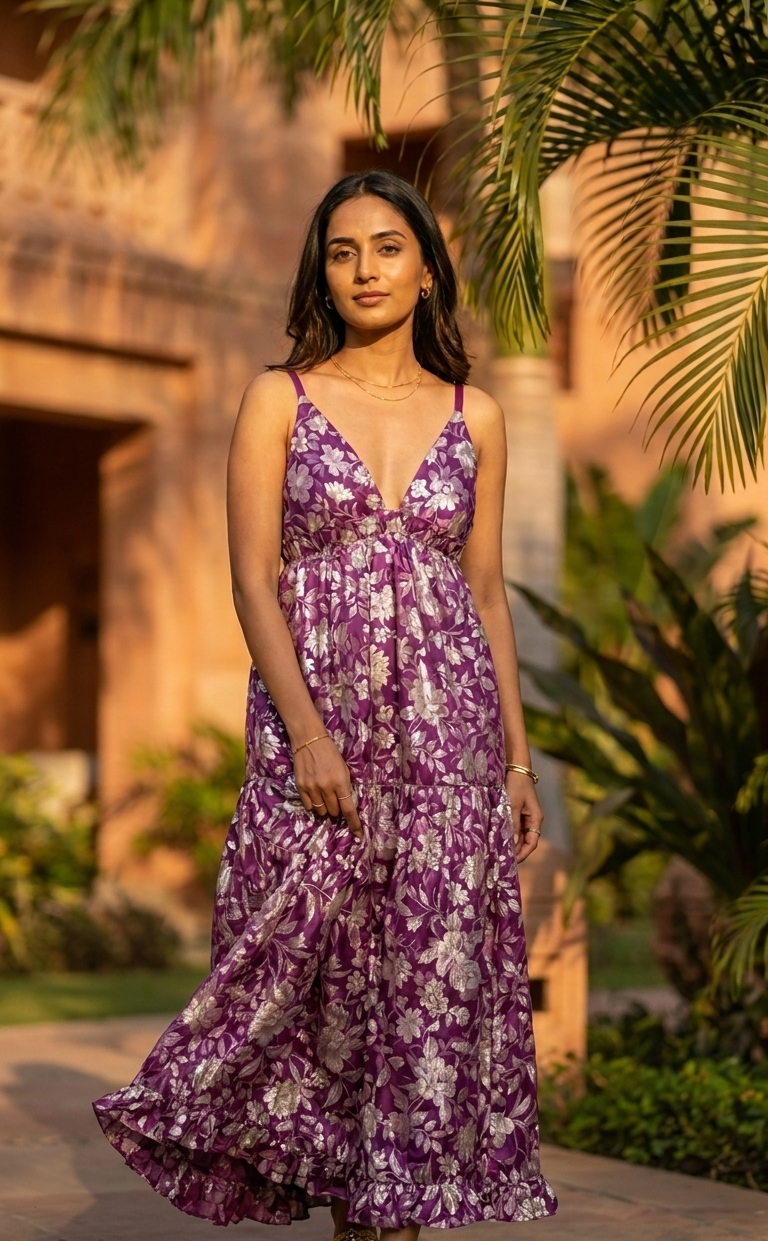 A woman wearing a purple and white floral print maxi dress with spaghetti straps, standing outdoors in front of a warm-toned building with palm leaves.