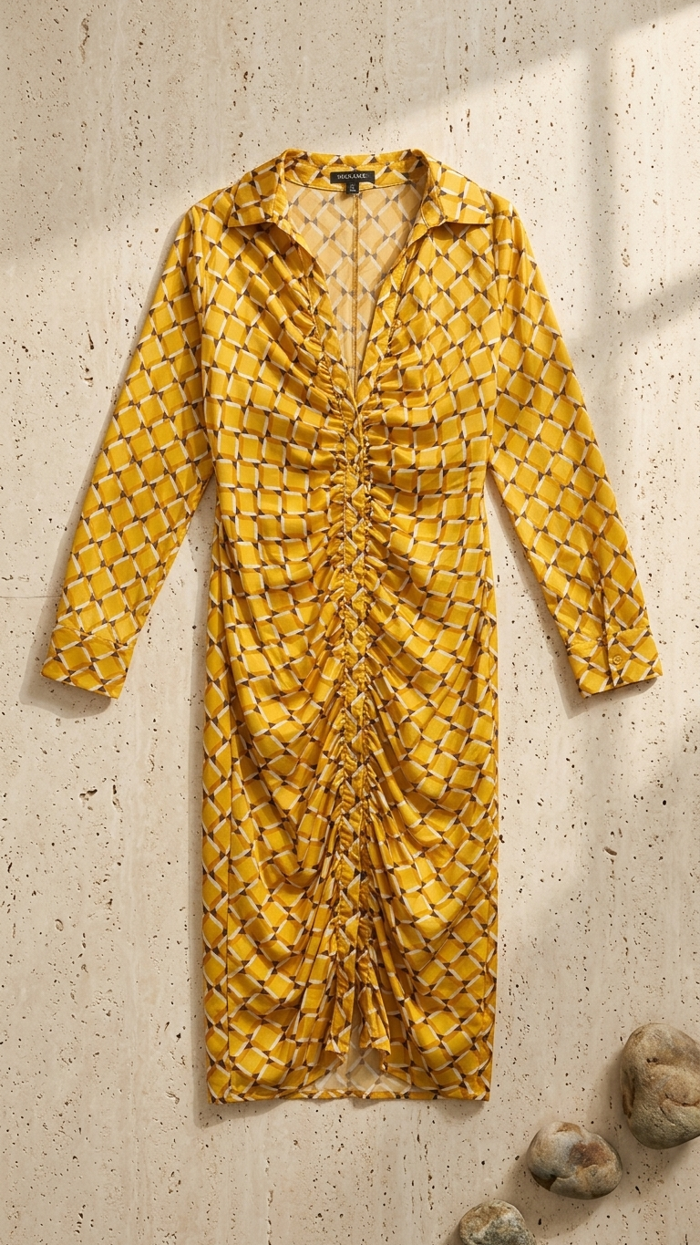 Mustard Geometric Print Ruched Midi Dress with Collar
