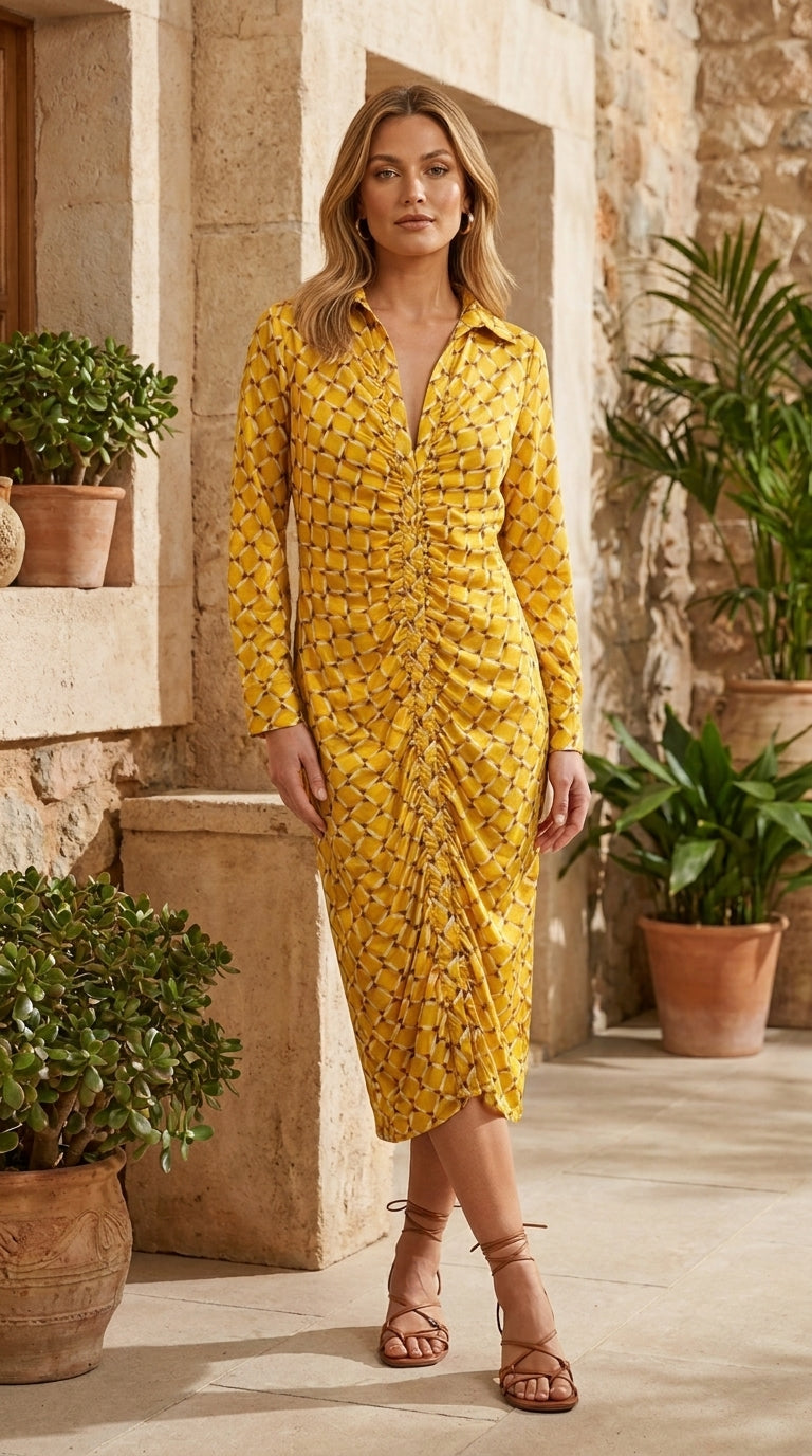 A woman models a yellow long-sleeve midi dress with a small floral print, standing in a rustic stone courtyard with potted plants.