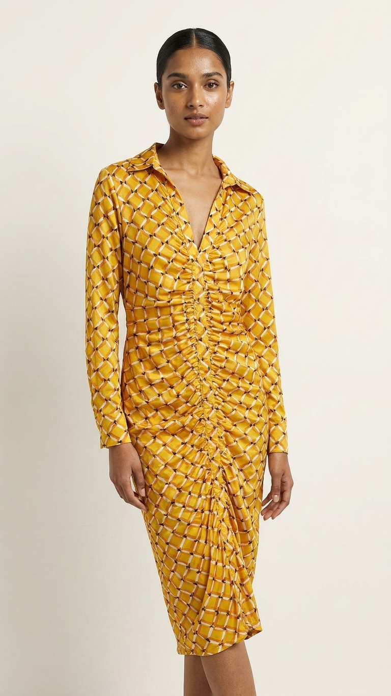 A woman modeling a yellow long-sleeve midi shirt dress with a geometric pattern and gathered ruching at the waist, photographed against a plain light beige studio background.