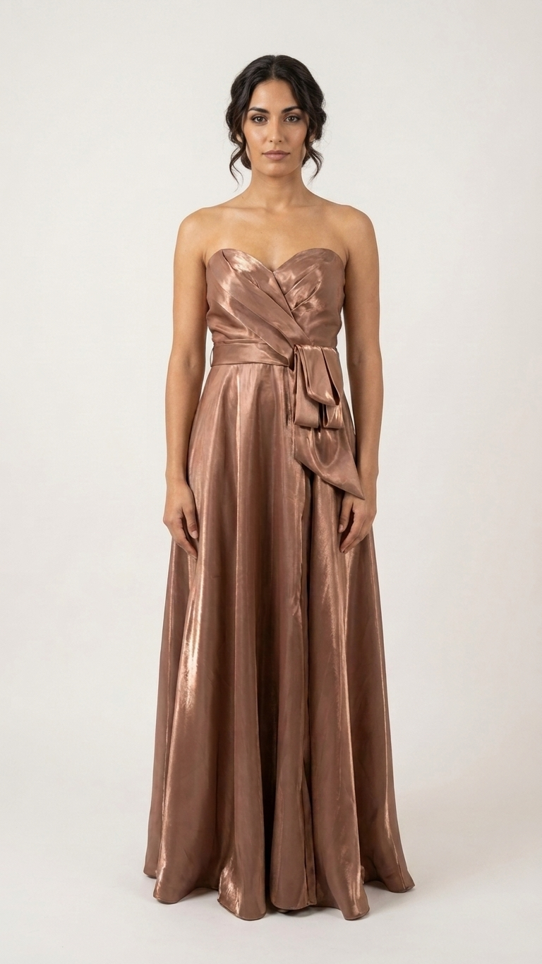 A woman modeling a strapless floor-length gown in a shiny metallic bronze-brown fabric against a plain light gray studio background.