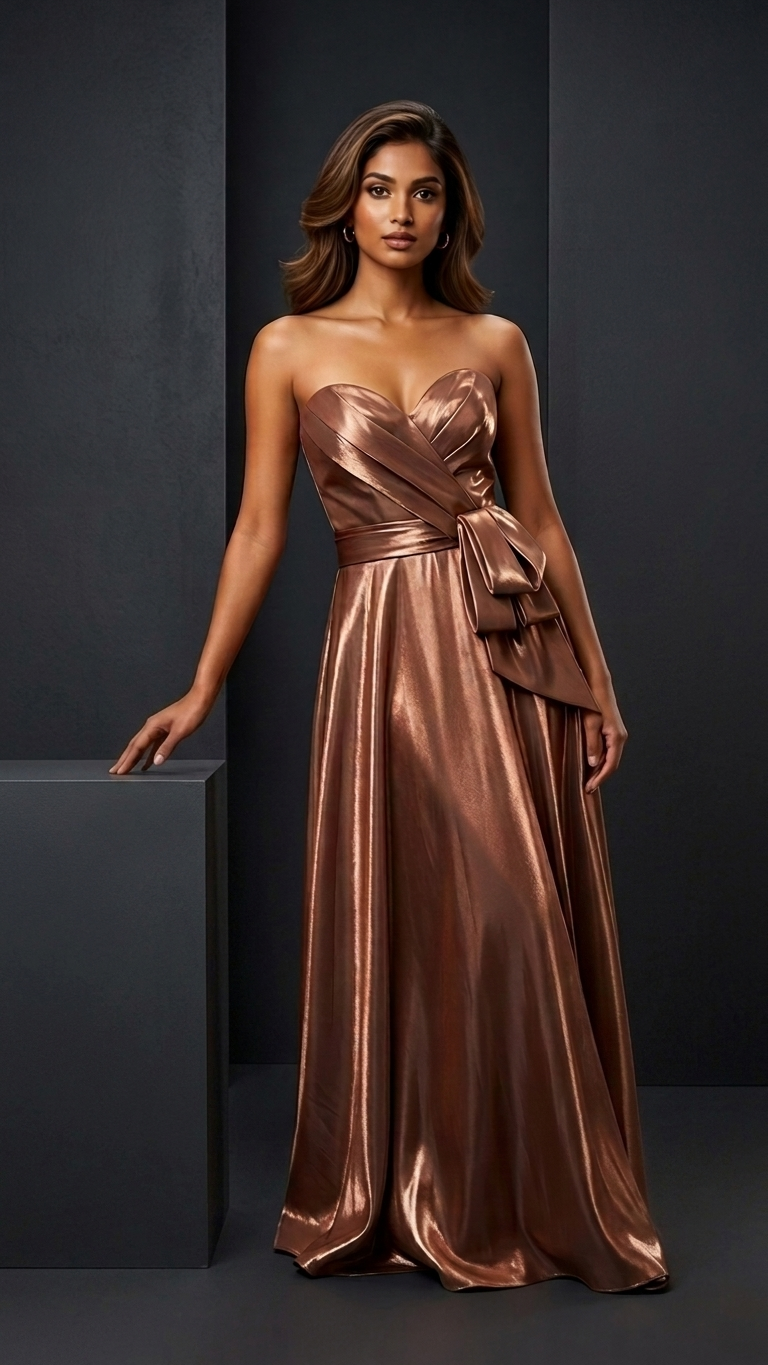 A woman models a strapless floor-length gown in a metallic bronze color, standing against a dark studio backdrop.