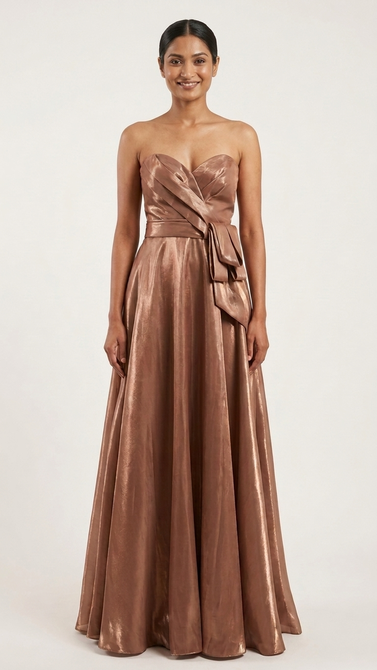 A woman modeling a strapless floor-length gown in a shimmering metallic bronze-brown satin fabric, featuring a sweetheart neckline, a draped waist, and a full skirt, set against a plain light gray studio background.