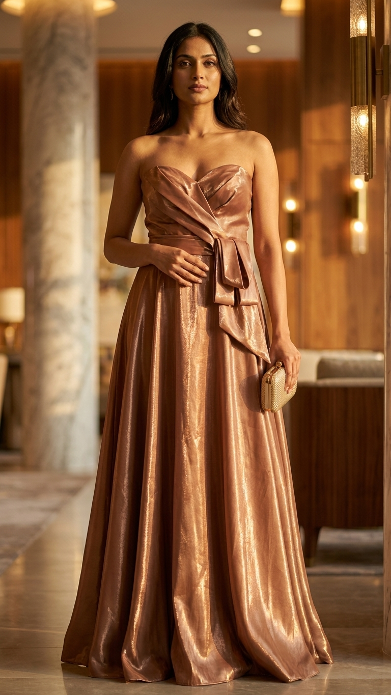 Metallic Wrap Bodice Gown with Bow Detail