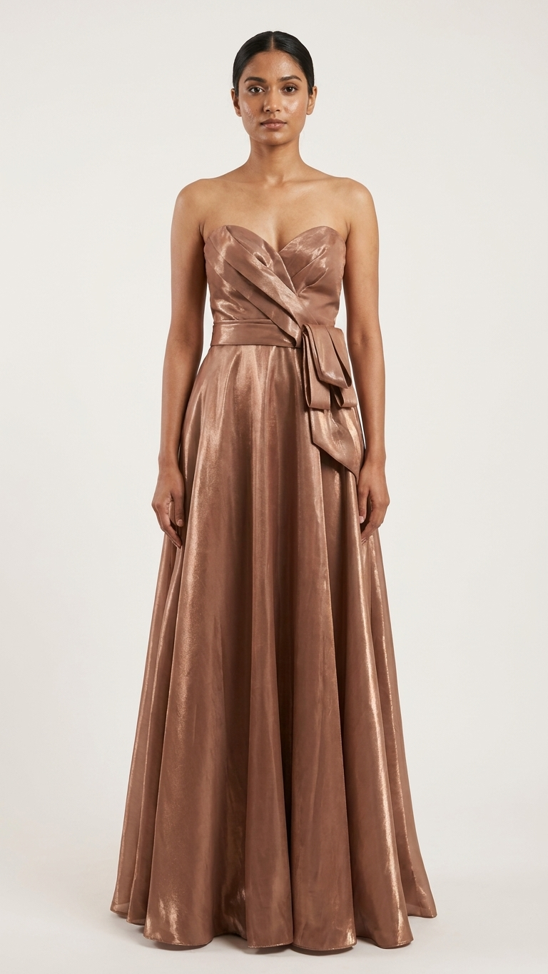 Metallic Wrap Bodice Gown with Bow Detail