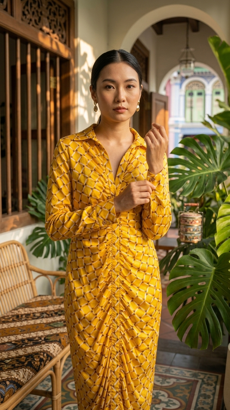 Woman in mustard geometric midi dress standing in Peranakan-style corridor