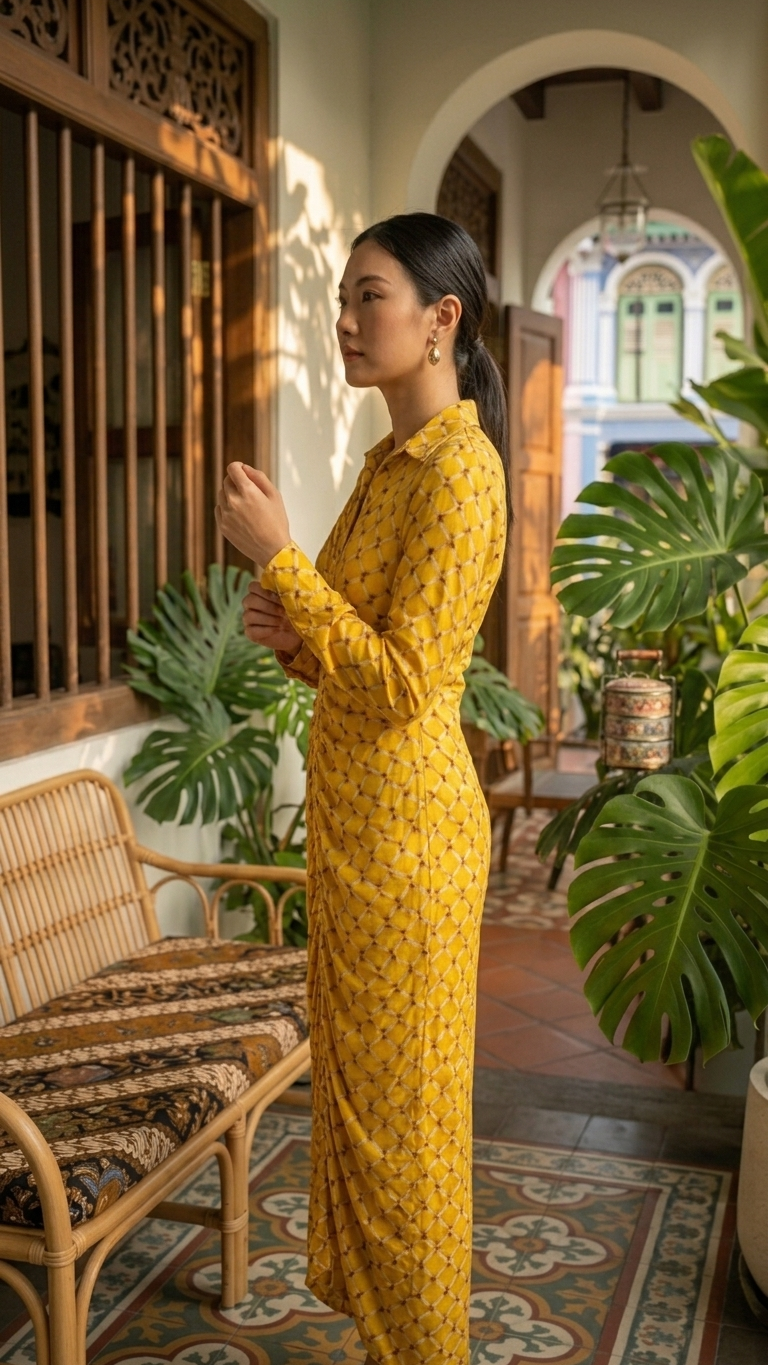 A woman wearing a yellow long-sleeve dress with a small floral print stands in a sunlit courtyard with plants, wooden furniture, and patterned tiles.
