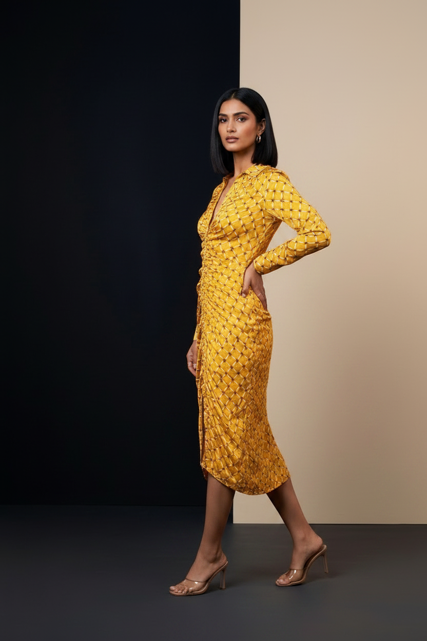 A woman modeling a long-sleeve yellow midi dress with a black abstract pattern, standing against a split black and beige studio background.