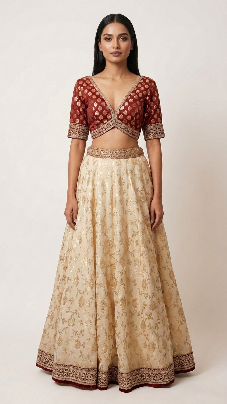 A woman modeling a traditional Indian lehenga choli set. The blouse is deep red with gold floral patterns and short sleeves, while the flared skirt is beige with gold floral motifs and a matching gold waistband.