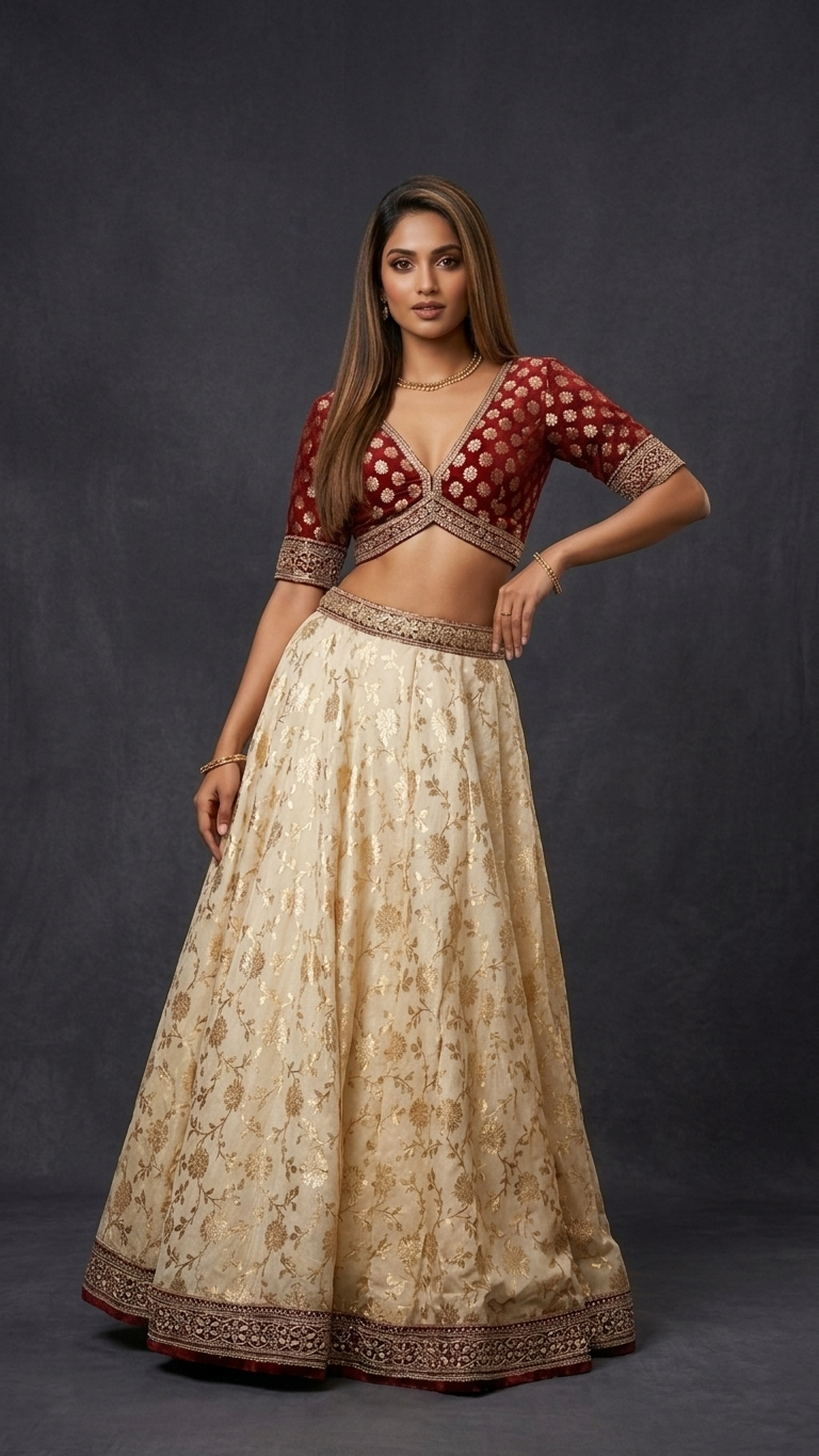 A woman modeling a traditional Indian lehenga choli outfit. The outfit features a deep red blouse with gold and white polka dots and a matching beige flared skirt with gold floral embroidery and a red border, set against a dark gray studio background.
