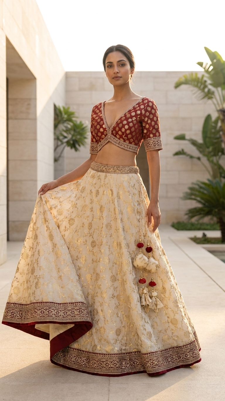 A woman modeling a traditional Indian lehenga choli set in an outdoor courtyard. The outfit features a cream-colored flared skirt with gold floral patterns and a deep red border, paired with a matching red and gold patterned blouse.