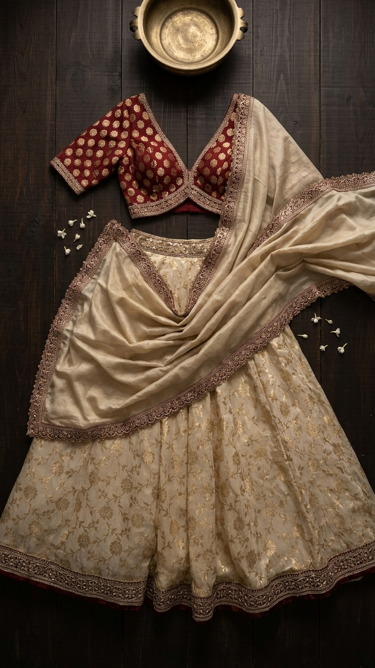 A traditional Indian lehenga choli set in beige and red, laid flat on a dark wooden background with a brass bowl and small decorative flowers.