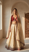 A woman models a traditional Indian lehenga choli set in a warm, sunlit architectural setting. The outfit features a cream-colored flared skirt with intricate gold embroidery and a red border, paired with a red and gold embroidered crop top and a matching sheer cream dupatta.