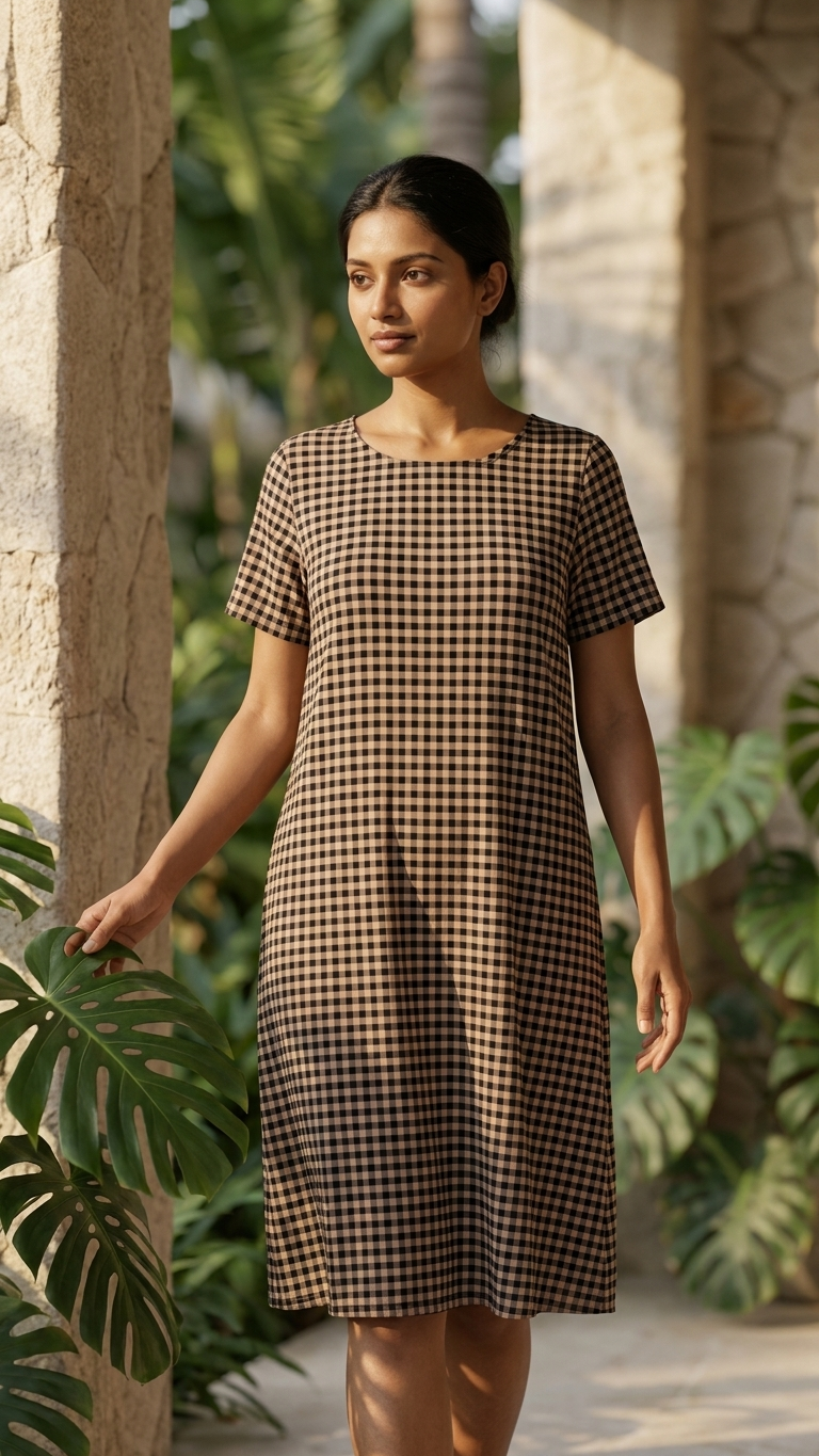 A woman wearing a brown and beige gingham short-sleeve dress stands outdoors in a tropical setting with stone pillars and green foliage.