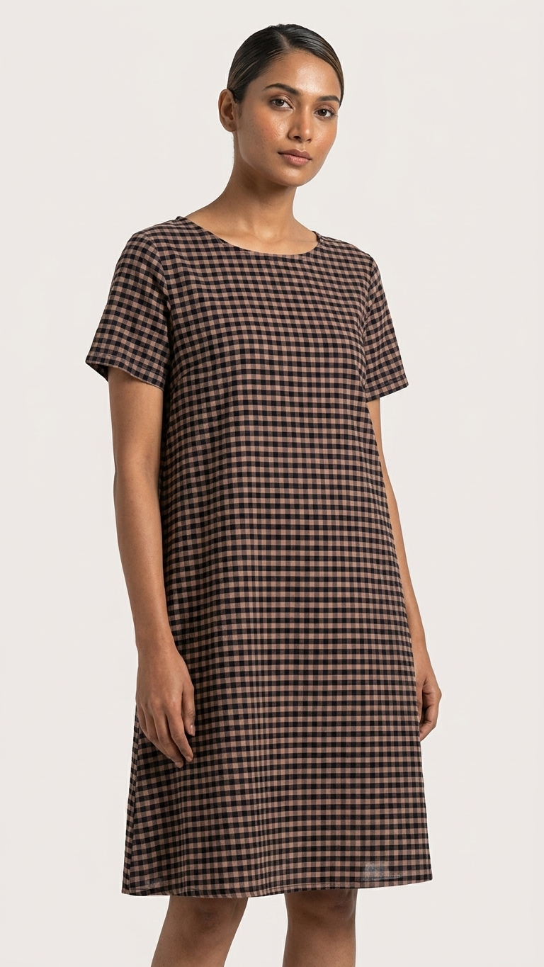 A woman modeling a short-sleeve A-line dress with a brown and black gingham check pattern, set against a plain light gray studio background.