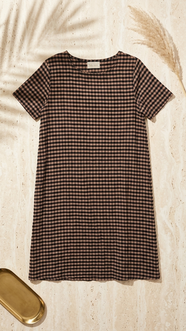 A short-sleeve A-line dress with a brown and black gingham check pattern, laid flat on a textured beige background with decorative dried grass and a gold tray.