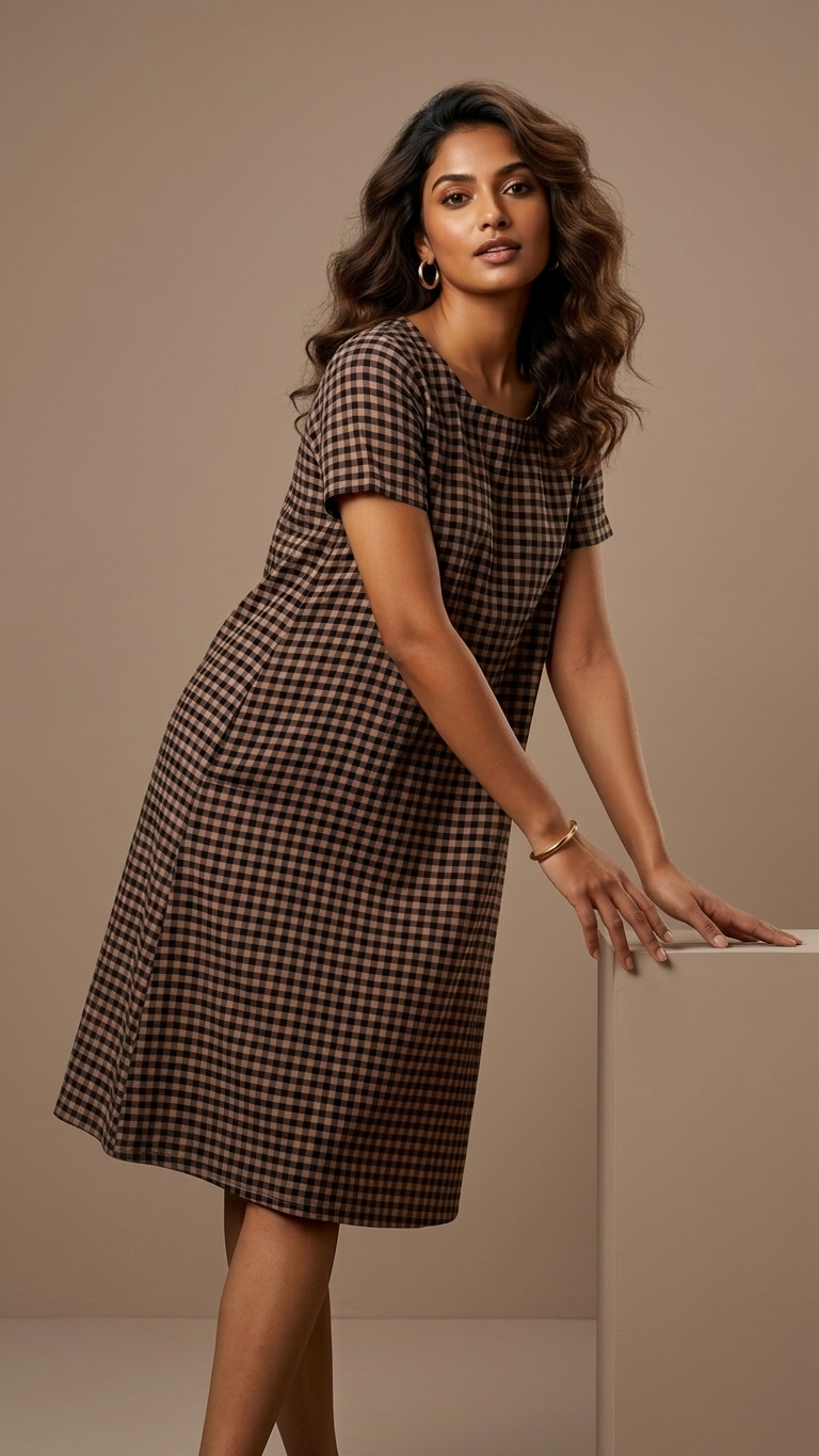 A woman modeling a brown and black gingham short-sleeve dress, leaning against a white block in a studio setting with a warm beige background.