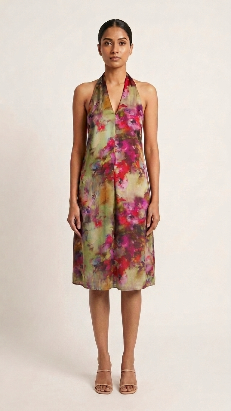A woman modeling a sleeveless halter-neck midi dress with a vibrant floral and abstract watercolor print in pink, red, green, and beige tones, set against a plain light beige background.