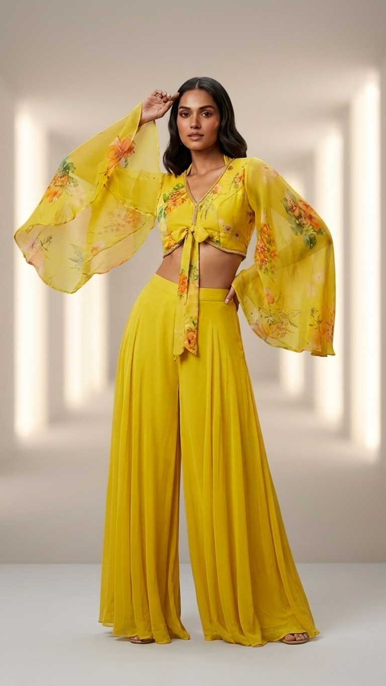 A woman modeling a bright yellow two-piece outfit with a floral print, featuring a tie-front crop top with dramatic wide sleeves and matching high-waisted wide-leg pants, set against a softly lit beige background.