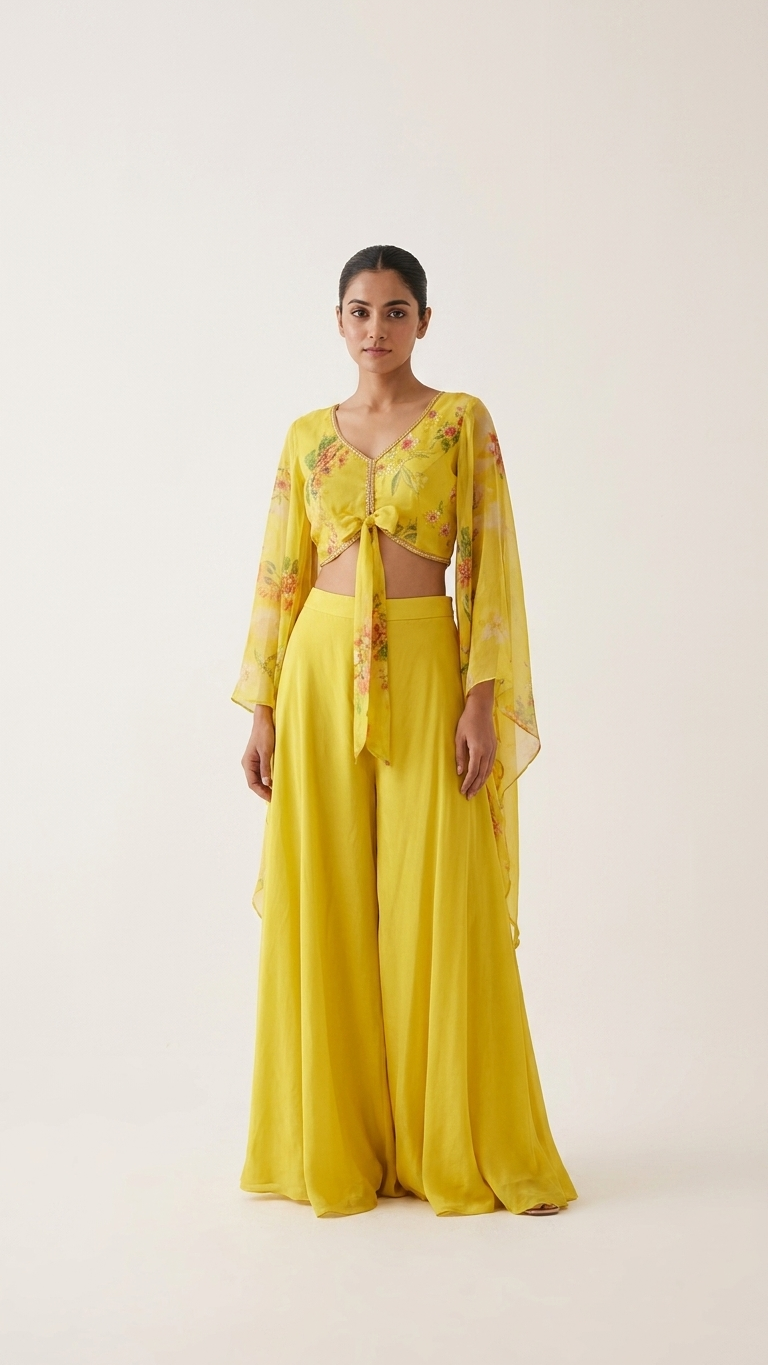A woman modeling a bright yellow two-piece outfit consisting of a floral long-sleeve crop top and matching wide-leg pants, set against a plain off-white studio background.