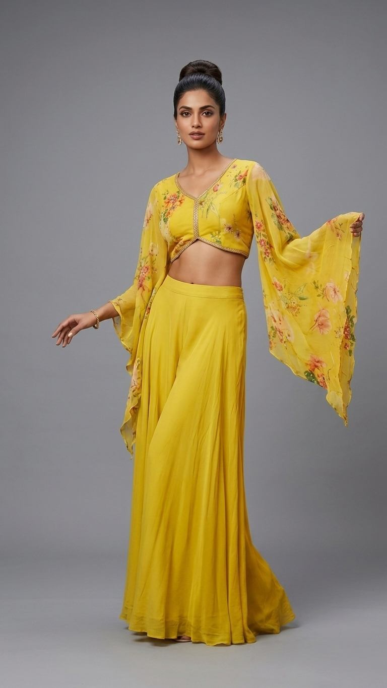 A woman modeling a bright yellow traditional outfit with a floral print, featuring a crop top with wide sleeves, a matching skirt, and a sheer dupatta, set against a solid gray studio background.