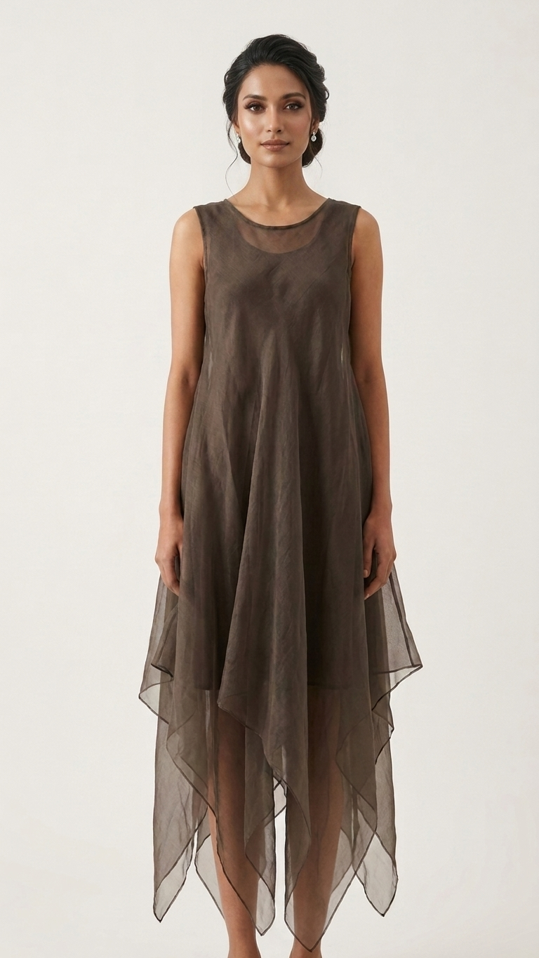 A woman modeling a sleeveless, high-low midi dress made of sheer taupe-brown mesh fabric, set against a plain off-white studio background.