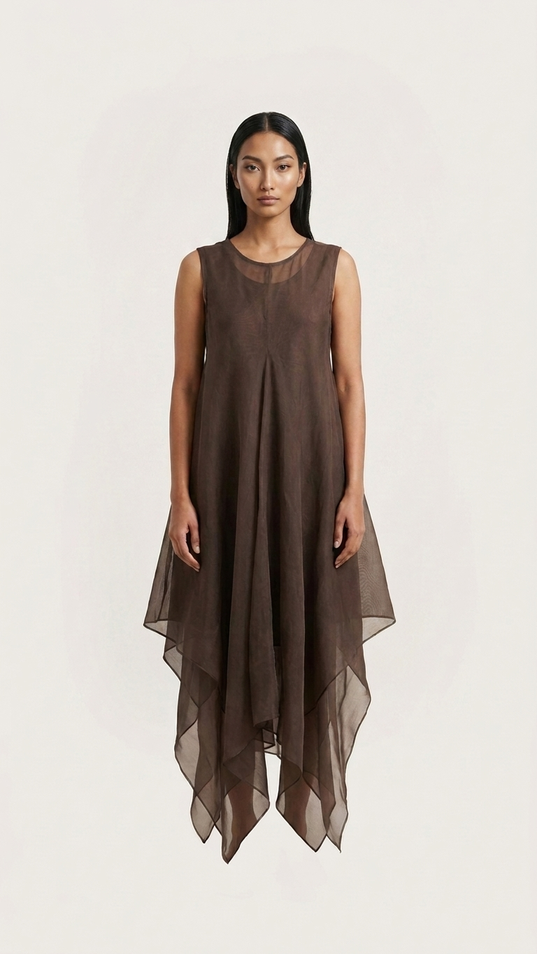 A woman modeling a sleeveless, high-low midi dress in a sheer, semi-sheer brown fabric against a plain off-white studio background.