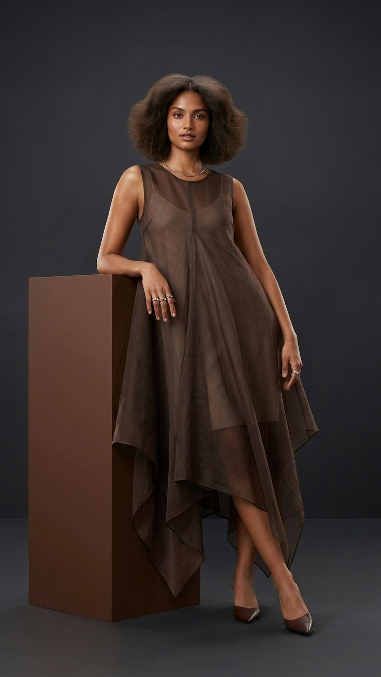 A model with voluminous dark brown hair wears a sleeveless, high-low brown dress with a sheer overlay, standing next to a matching brown pedestal against a dark gray studio background.