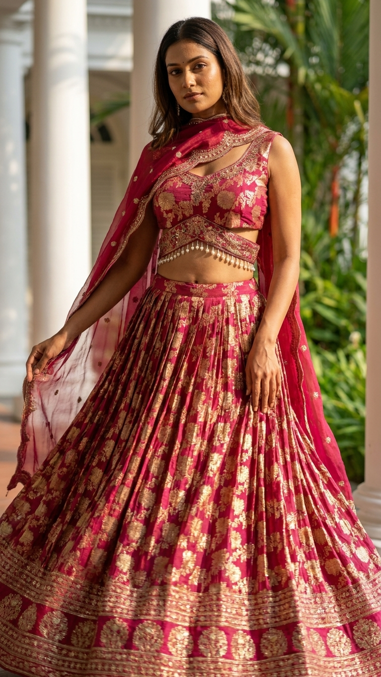 Dark Pink Zardozi Lehenga Set | Hand Embroidered Viscose Lehenga with Tissue Shimmer Dupatta