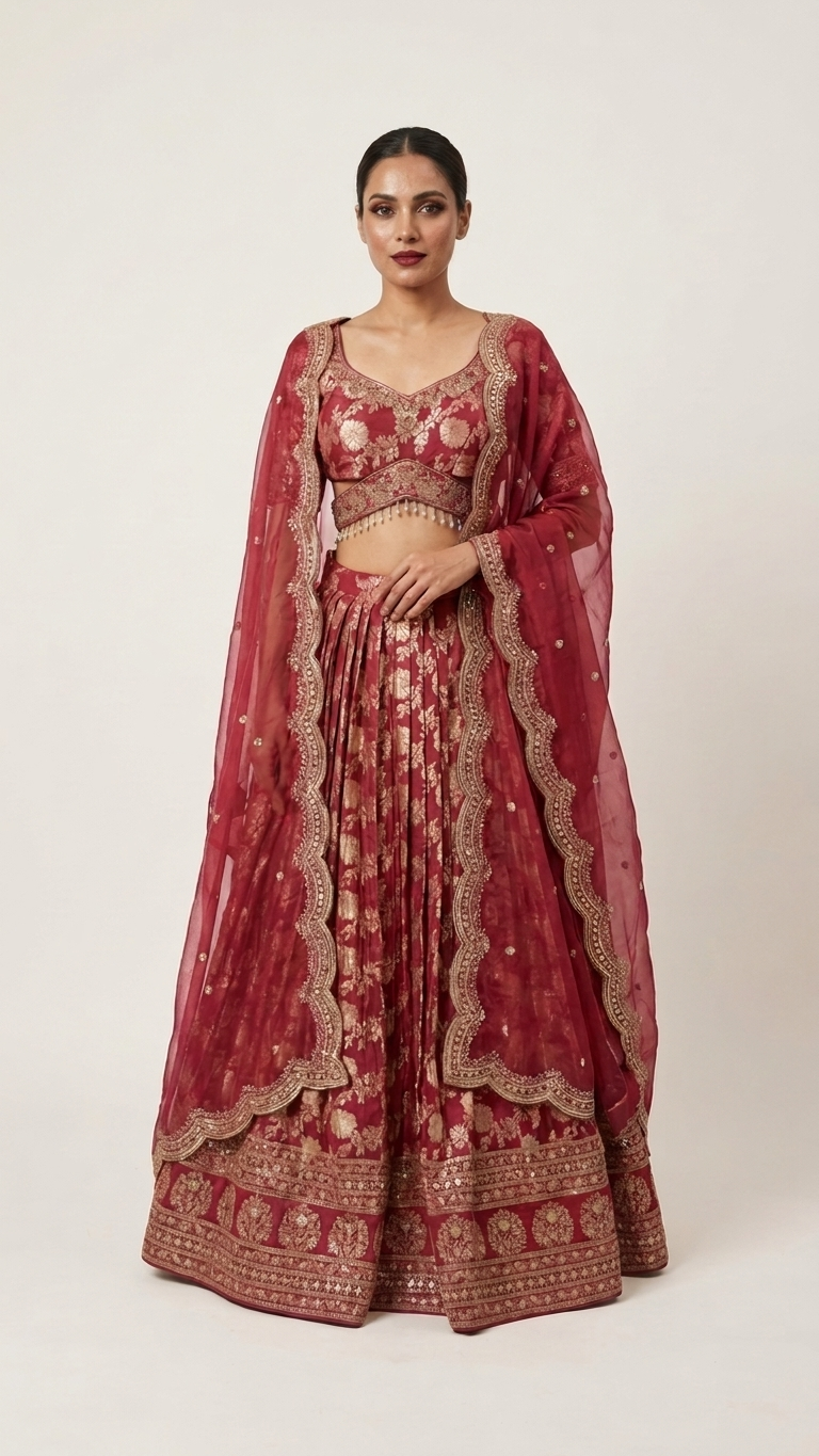 Dark Pink Zardozi Lehenga Set | Hand Embroidered Viscose Lehenga with Tissue Shimmer Dupatta