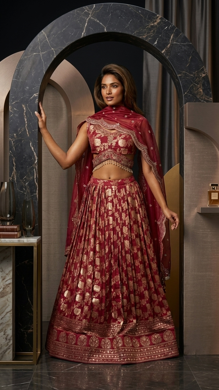 Dark Pink Zardozi Lehenga Set | Hand Embroidered Viscose Lehenga with Tissue Shimmer Dupatta