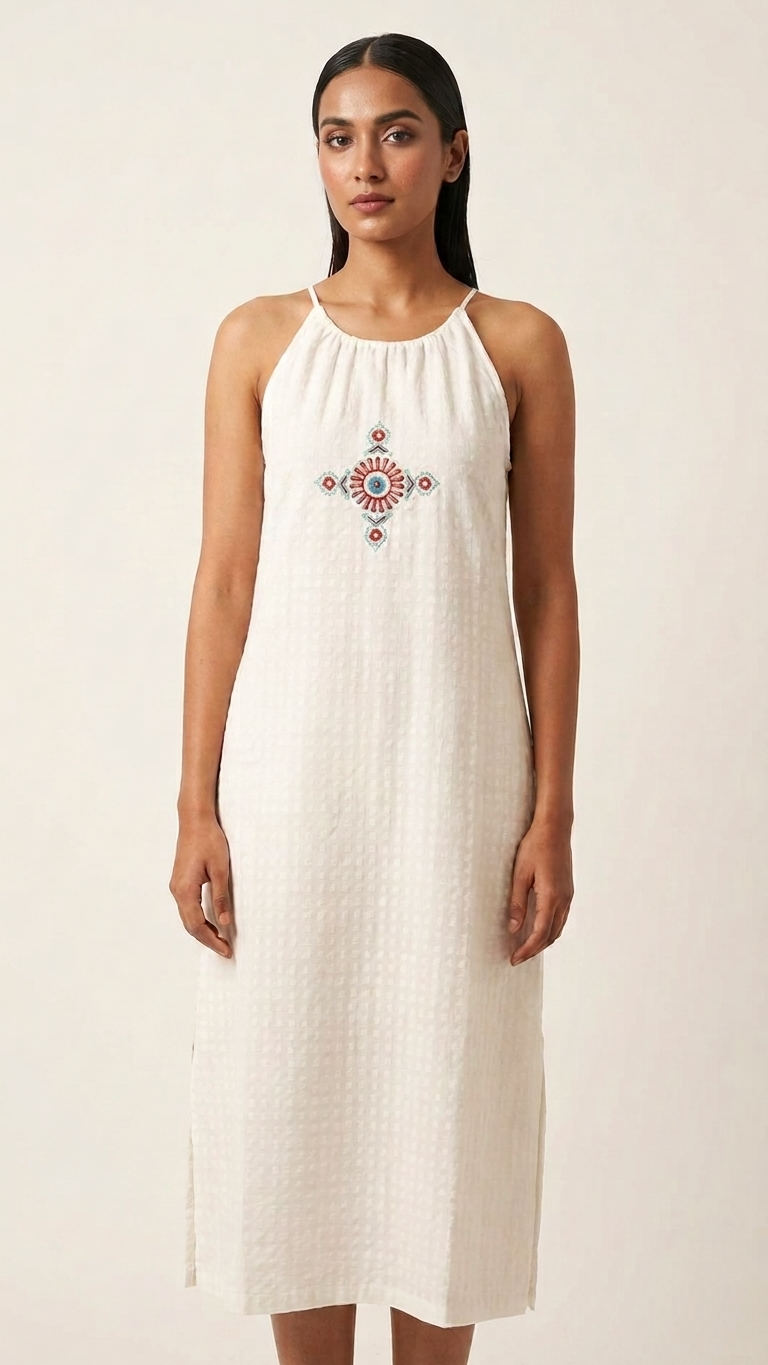 A woman modeling a sleeveless white midi dress with a small colorful embroidered cross motif on the chest, set against a plain off-white background.