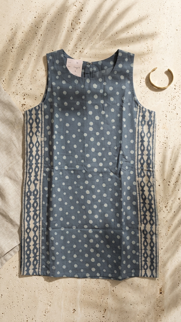Dusty Blue Polka Dot Hand Block Printed Cotton Tunic