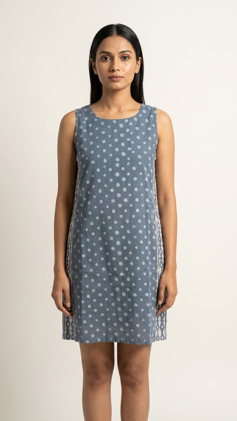 A woman modeling a sleeveless, knee-length blue dress with a white floral pattern and side cutouts, set against a plain light beige background.