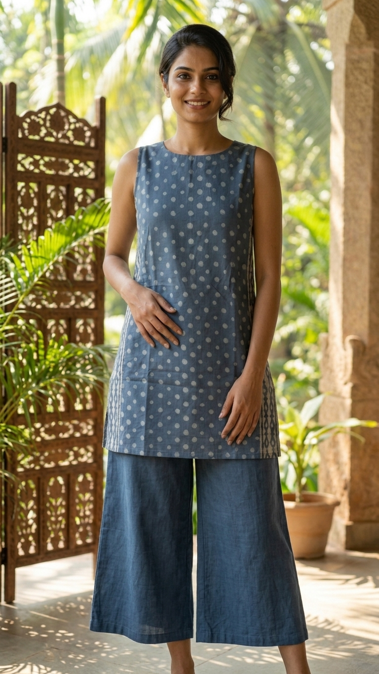 A woman modeling a sleeveless blue tunic with small white polka dots and matching wide-leg blue pants, standing in a tropical garden courtyard.