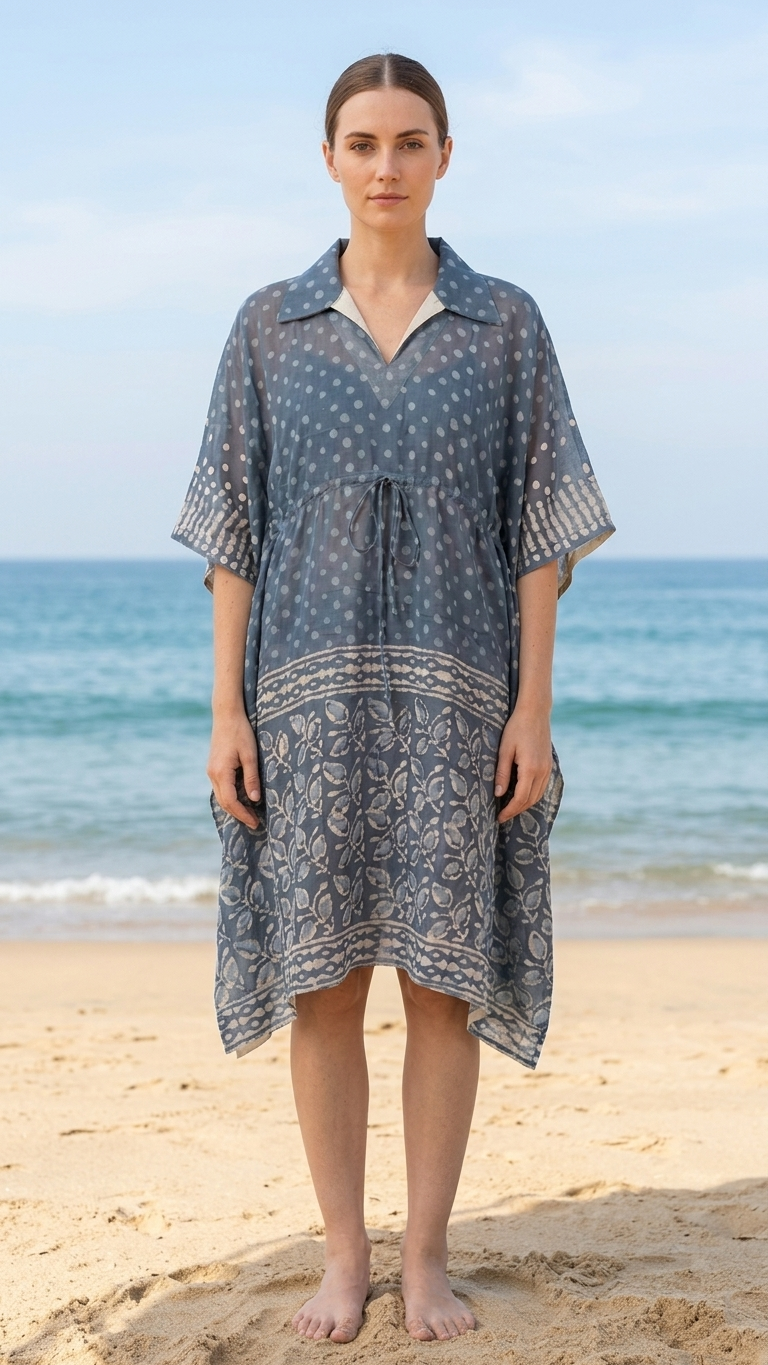 A woman stands on a sandy beach wearing a loose, short-sleeve kaftan-style dress with a blue and white pattern. The ocean and sky are visible in the background.