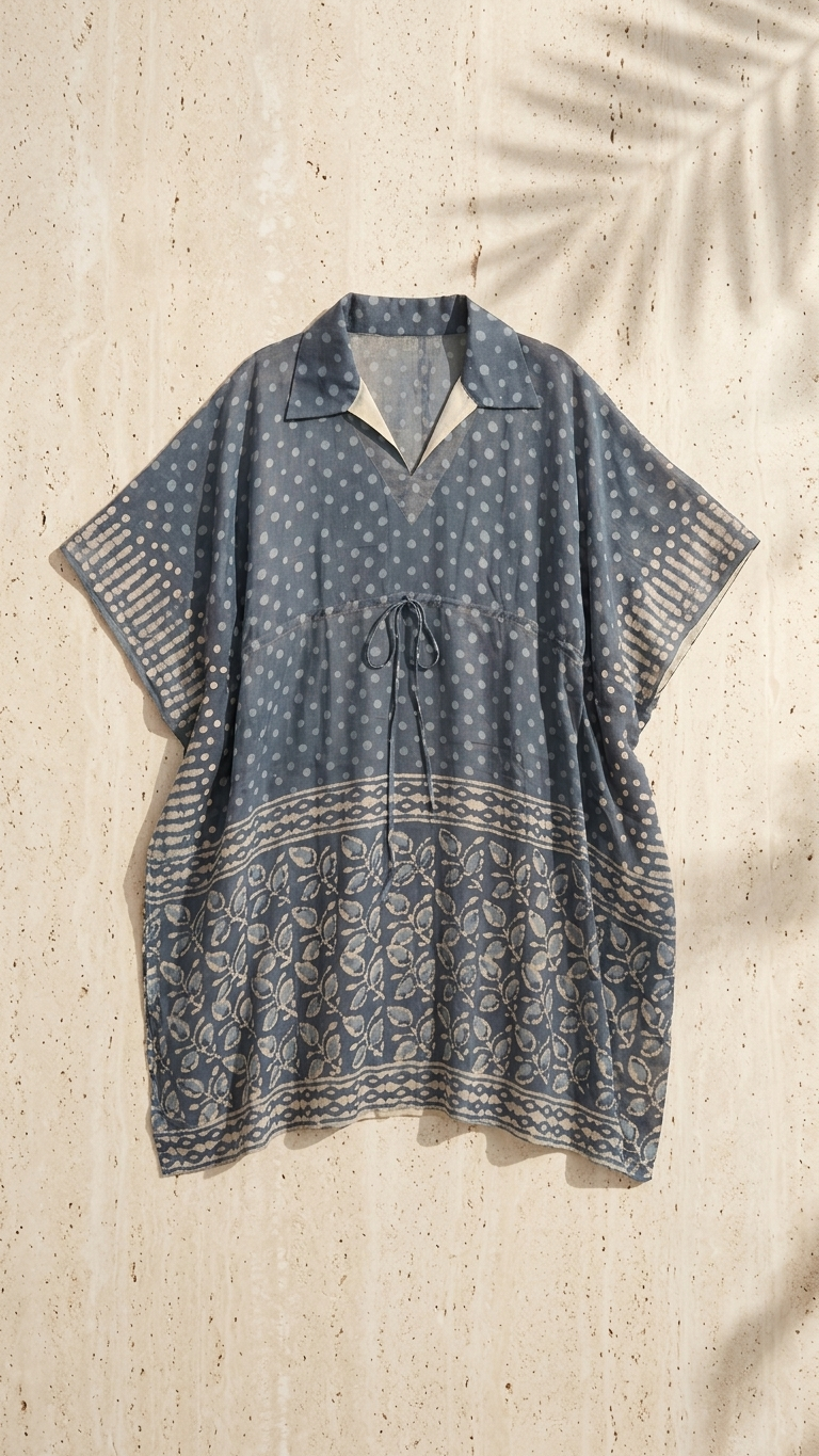 A short-sleeve, collared kaftan-style top in slate blue with white polka dots and a beige patterned border, laid flat against a textured beige background with soft palm leaf shadows.