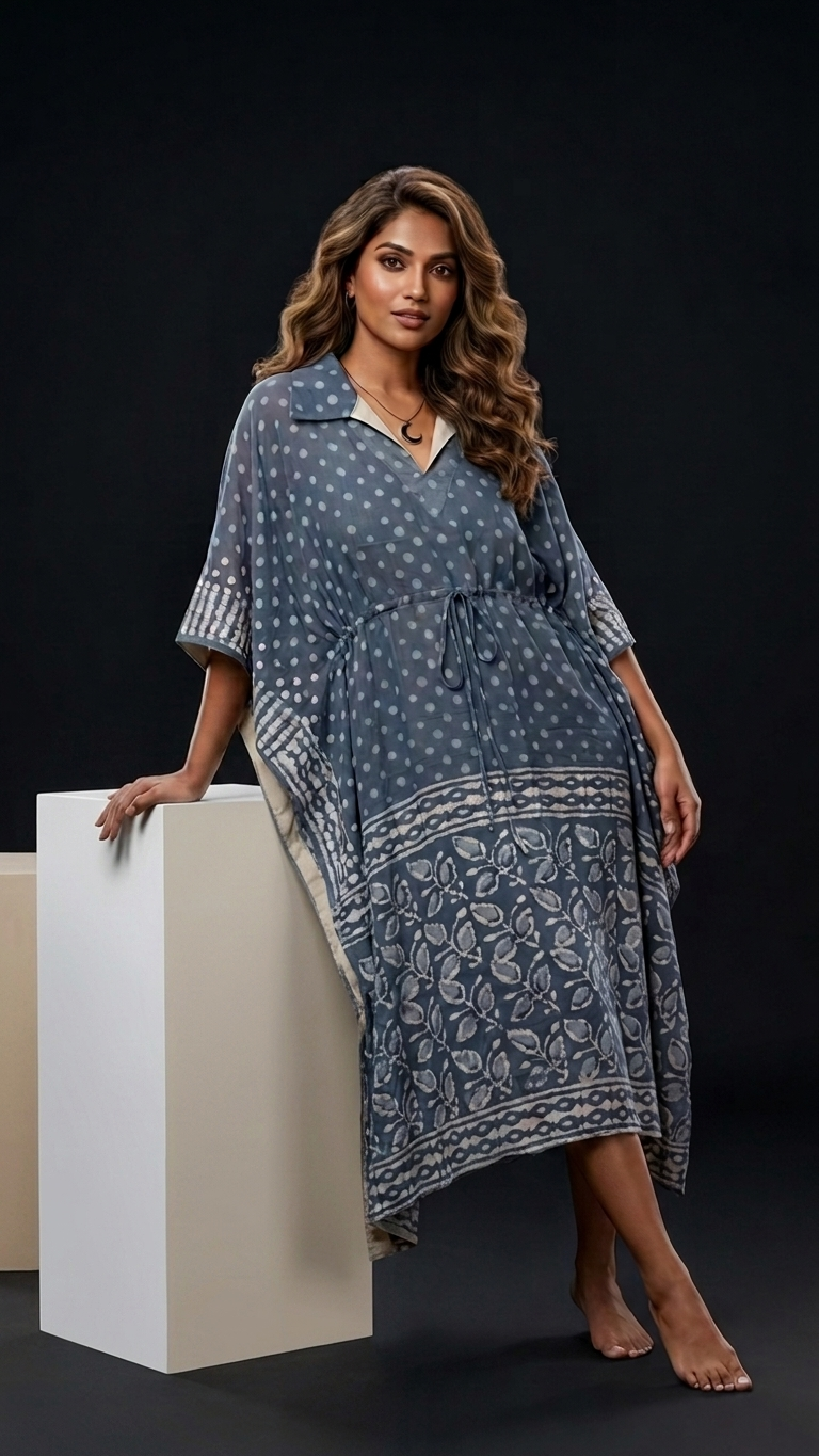 A woman models a blue and white patterned kaftan dress with a tie waist, standing next to a white display block against a dark studio background.
