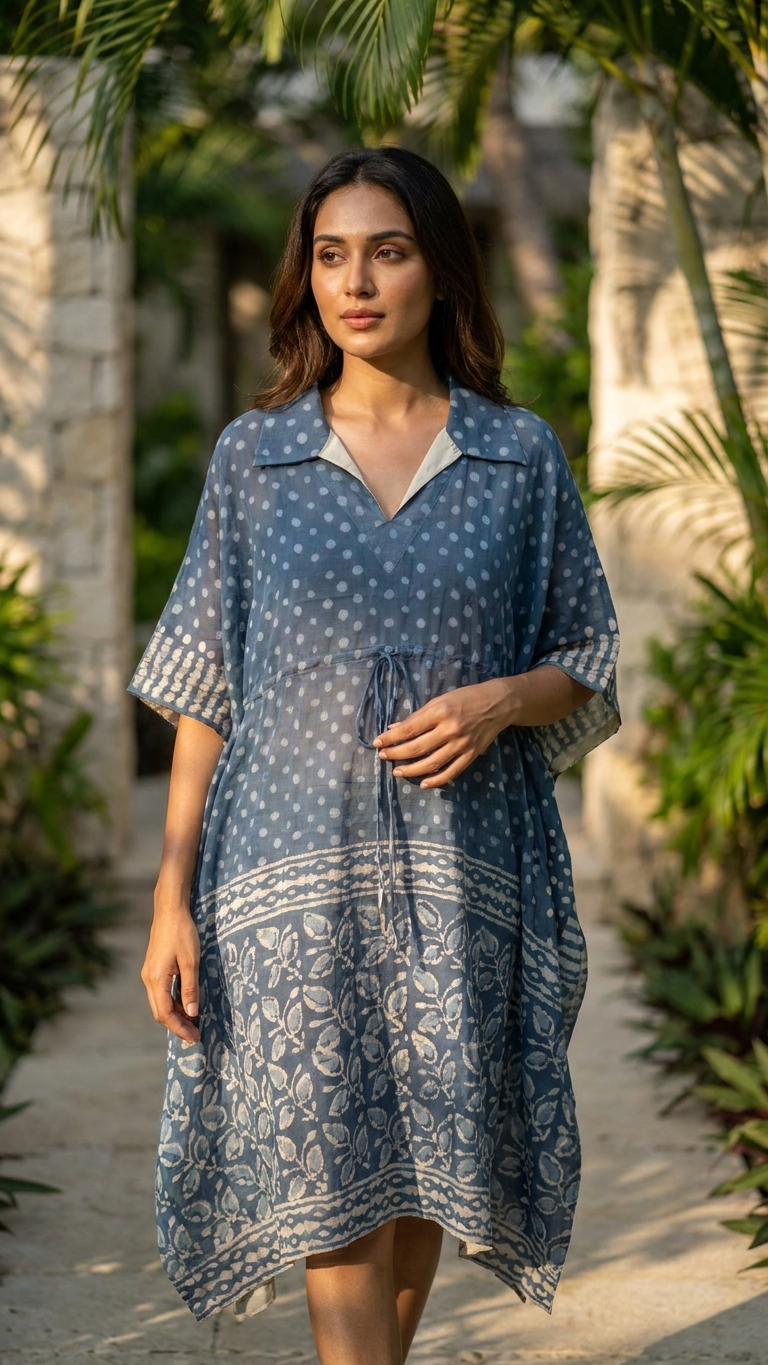 A woman wearing a blue and white patterned kaftan dress walking outdoors on a sunlit path surrounded by palm trees and stone walls.