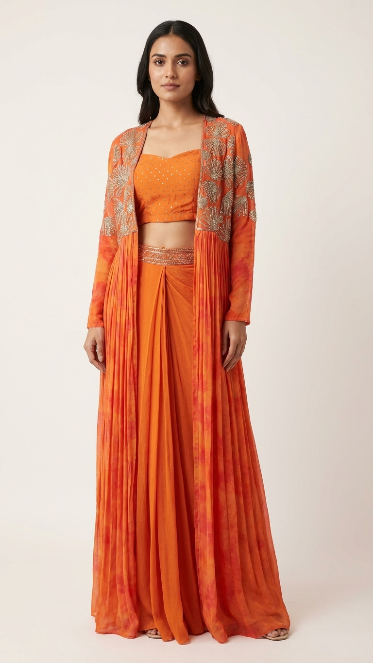 A woman modeling a traditional Indian outfit consisting of an orange crop top, matching pleated skirt, and a sheer orange dupatta with gold embroidery, set against a plain light beige background.