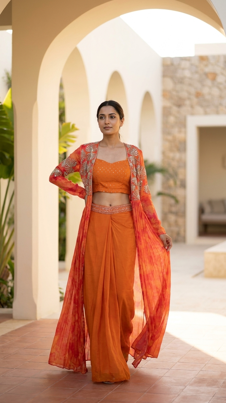 A woman modeling an orange traditional outfit with a matching sheer dupatta in an outdoor architectural setting with arches.