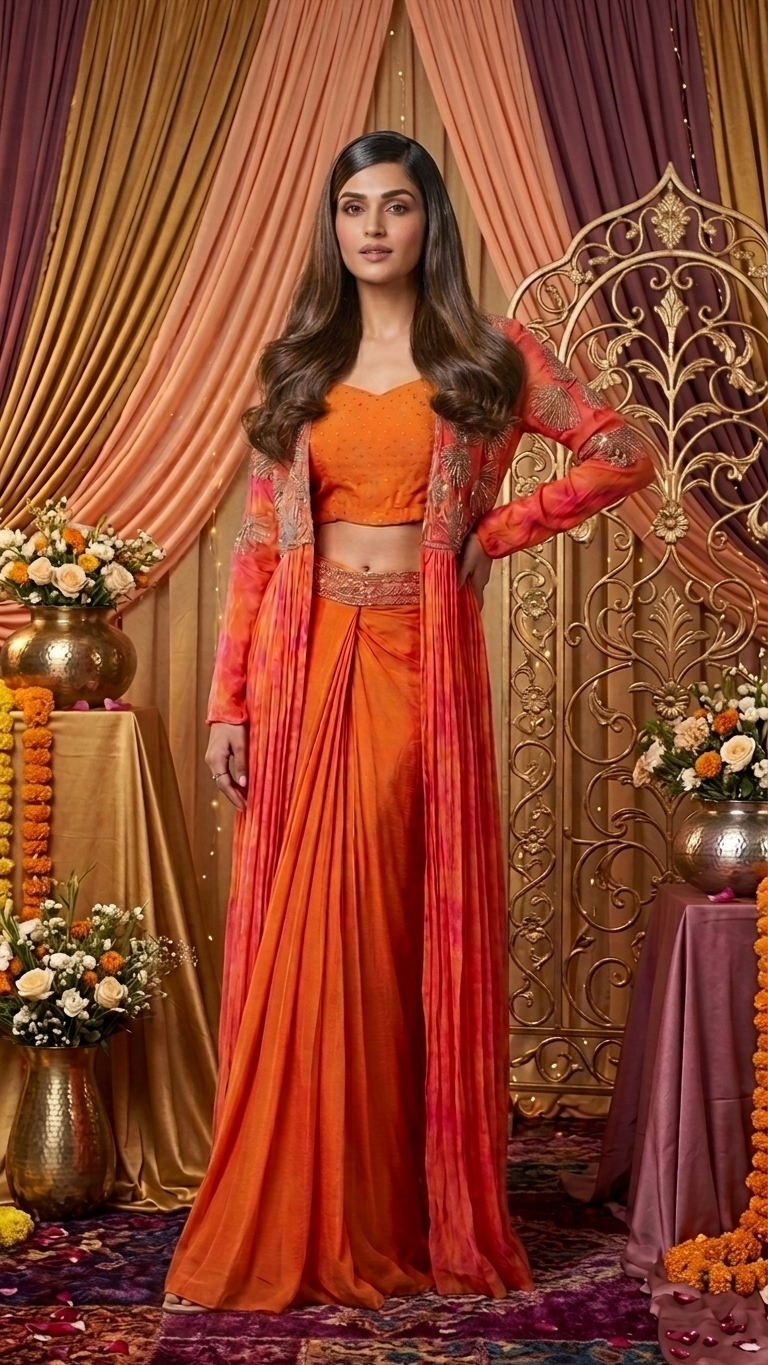 A woman models a traditional Indian outfit consisting of an orange crop top, matching orange skirt, and a sheer orange dupatta with gold embroidery, set against a decorated backdrop of gold and purple drapes.
