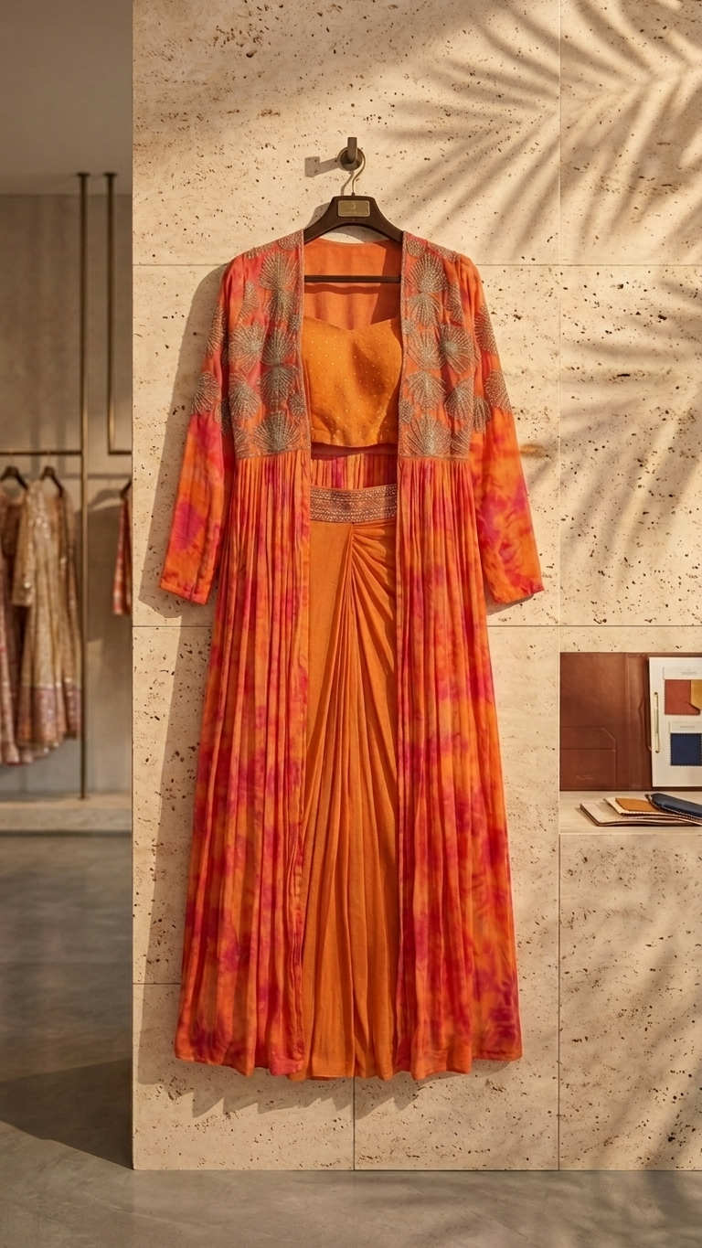 An orange and red  three-piece women's outfit consisting of a jacket,  a crop  top, and a pleated skirt, hanging on a hanger against a textured beige stone wall with leaf shadows.