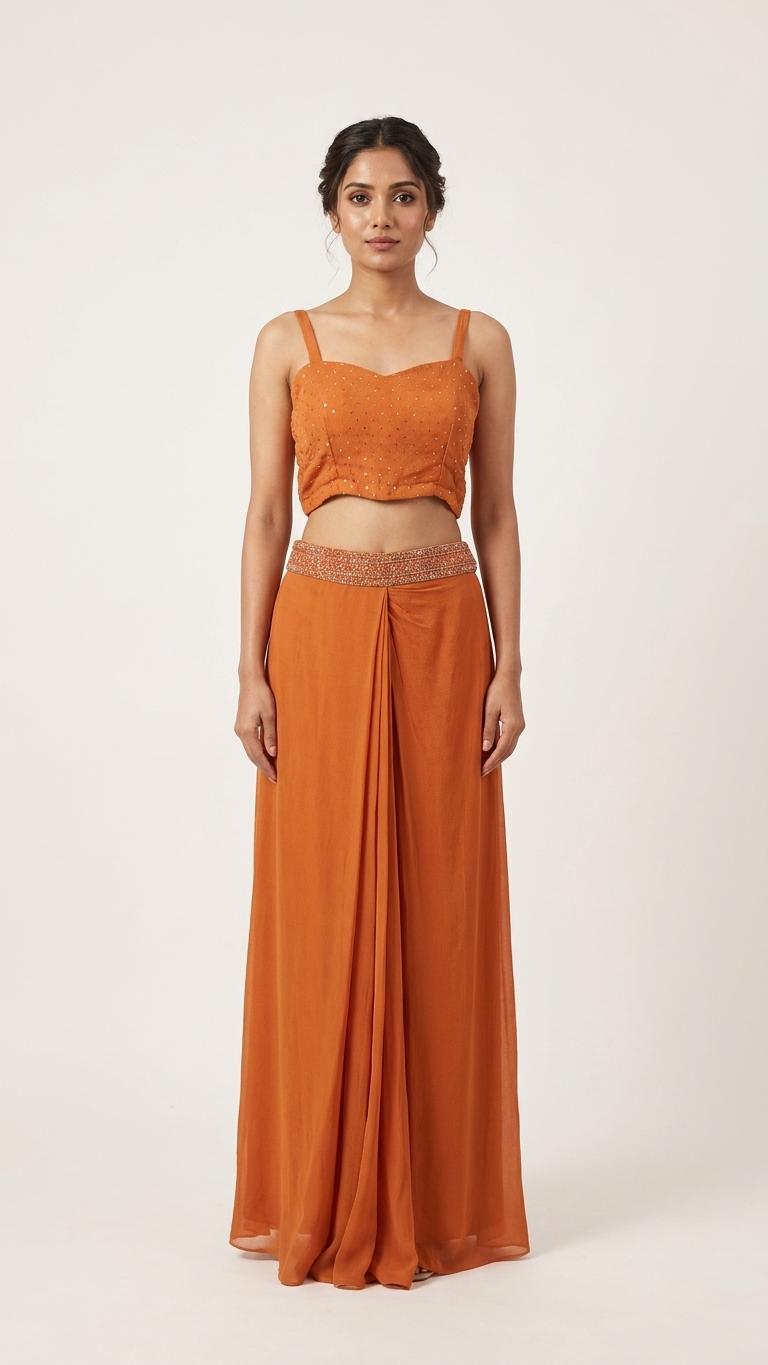 A woman modeling a two-piece burnt orange ethnic outfit consisting of a sleeveless lace crop top and matching pleated maxi skirt, set against a plain light beige studio background.