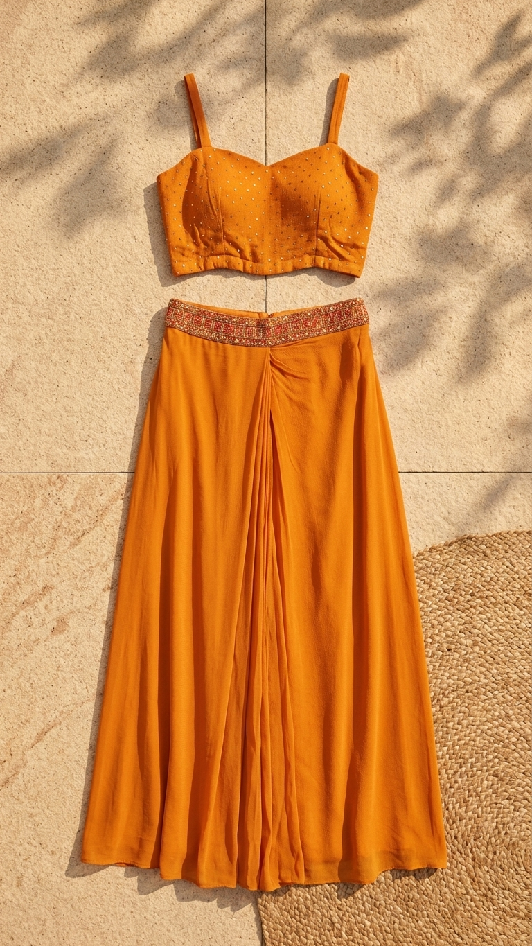 An orange two-piece outfit consisting of a cropped spaghetti-strap top and a matching pleated maxi skirt with a embroidered waistband, laid flat on a beige stone surface with leaf shadows.