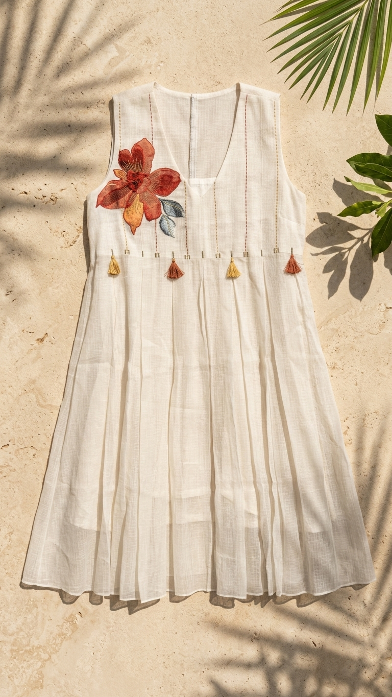 A sleeveless white linen dress with a V-neckline, featuring a large red and orange floral embroidery on the left chest, delicate gold tassel accents, and a pleated skirt, laid flat on a sandy surface with palm leaf shadows.